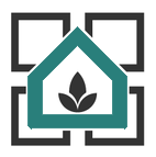 A green and black logo with a house in the middle.