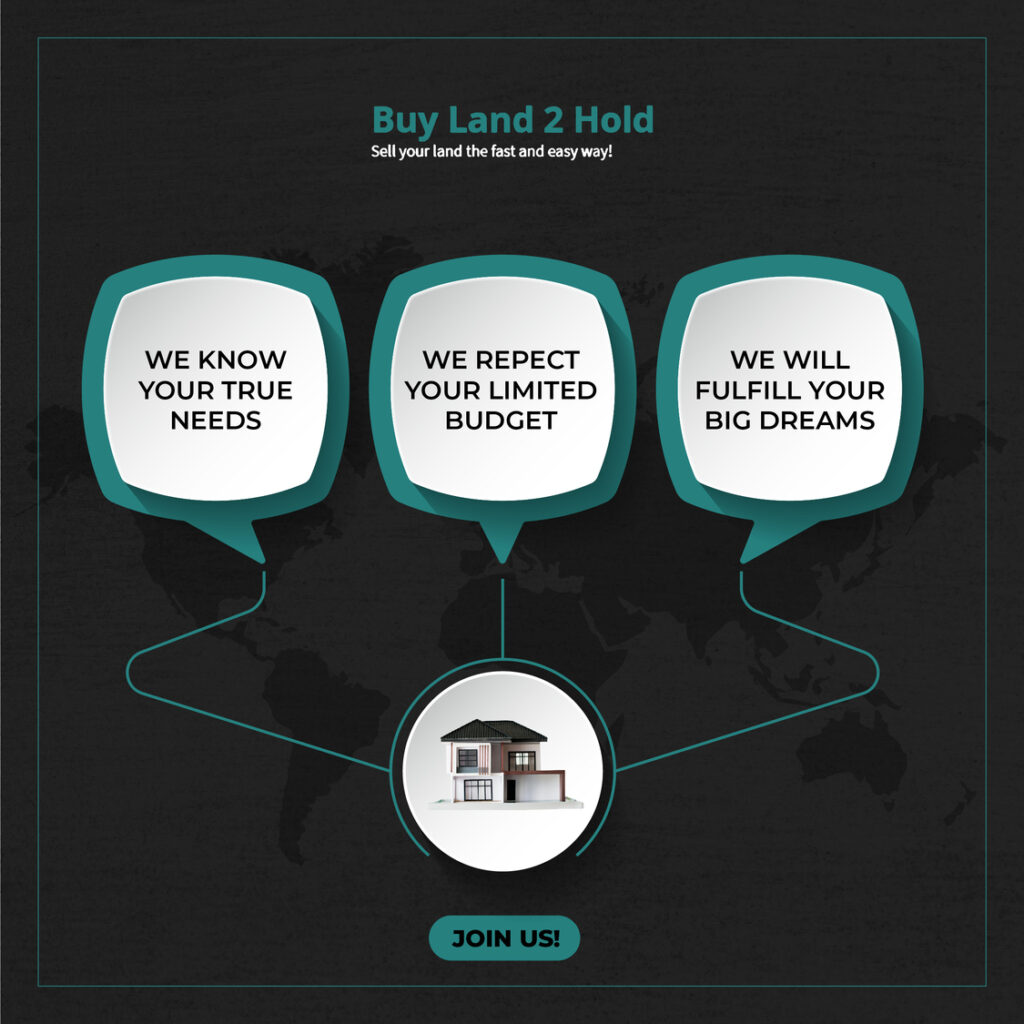 A black background with three bubbles and the words " buy land 2 hold ".